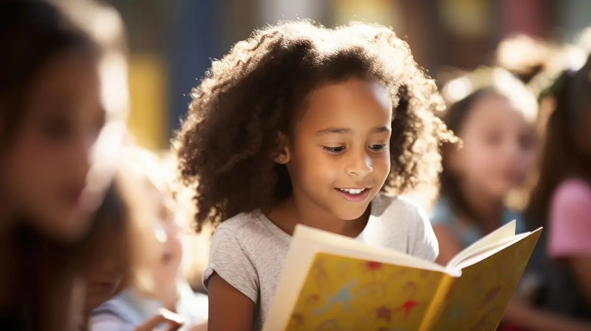 6 year old girl reading in library